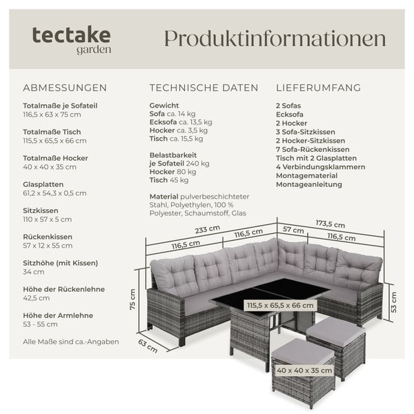 Rattan Lounge tectake Barletta mit Sicherheitsglasplatten für 6 bis 8 Personen grau