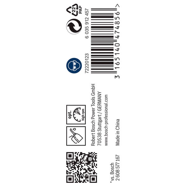 Papierverpackungssymbol, Augenschutz erforderlich, optimales hohes Drehzahlsymbol, Hergestellt in China, Barcode
