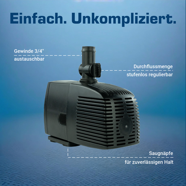 Schwarze Aquariumpumpe mit austauschbarem 3/4 Zoll Gewinde, stufenloser Durchflussregelung und Saugnäpfen.