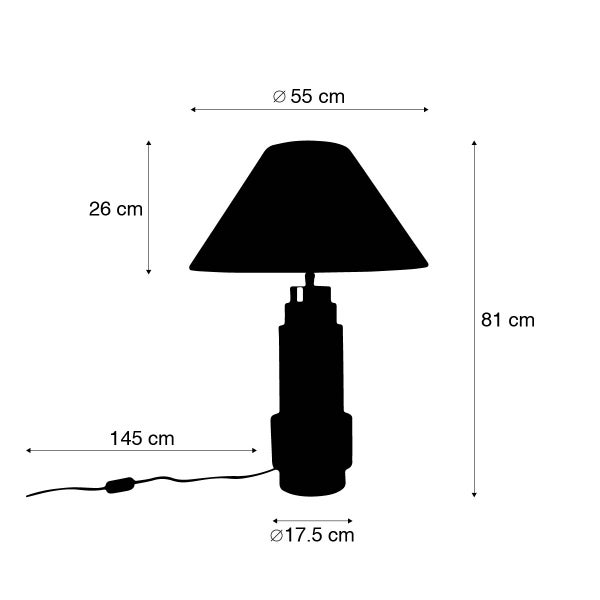 Skizze einer Tischleuchte mit den Maßangaben Höhe 81 cm, Schirmdurchmesser 55 cm, Lampenfußdurchmesser 17,5 cm und Kabellänge 145 cm