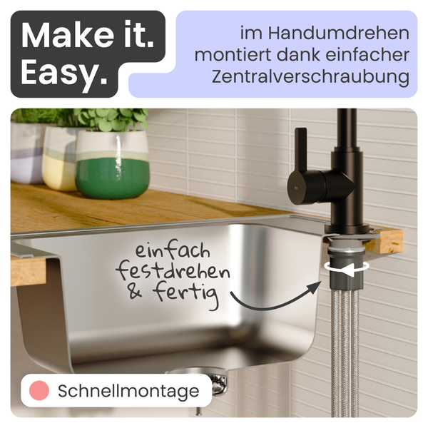 Küchenarmatur mit Schnellmontage-System durch einfache Zentralverschraubung an einer Edelstahlspüle.