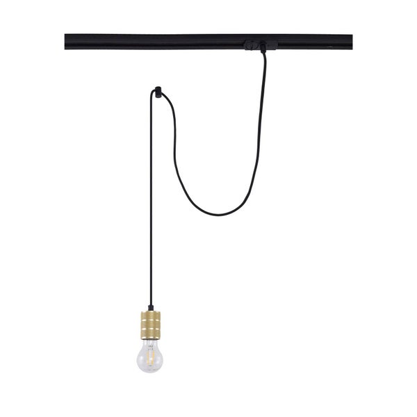 Pendelleuchte für Schienensystem mit schwarzem Textilkabel, goldfarbener Fassung und Filamentleuchtmittel.
