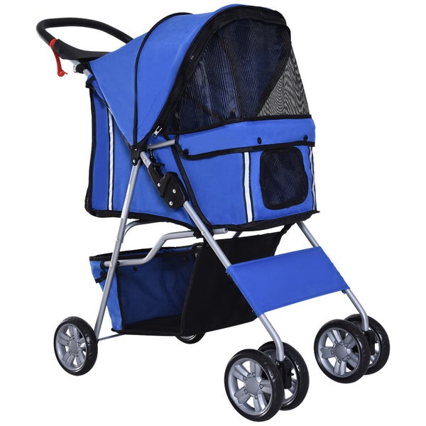 PawHut Hundewagen, klappbar Hundebuggy für kleine Hunde und Katzen bis 10kg, Katzenbuggy mit Netzfenstern Getränkehalter, Haustierwagen Oxford, Blau