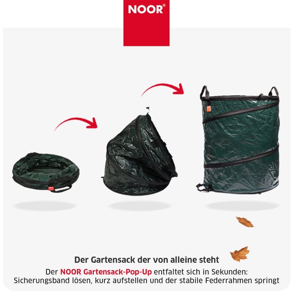 NOOR Logo und drei Phasen der Entfaltung eines faltbaren Gartensacks mit stabilem Federrahmen für Gartenabfälle