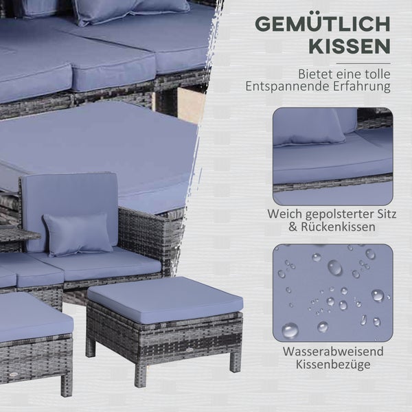 Outsunny 3-tlg. Gartensofa, Sitzgruppe Grau, 2er-Sofa, 2 x Hocker Kissen, L162 x B65 x H86 cm, Polyrattan + Metall, Grau
