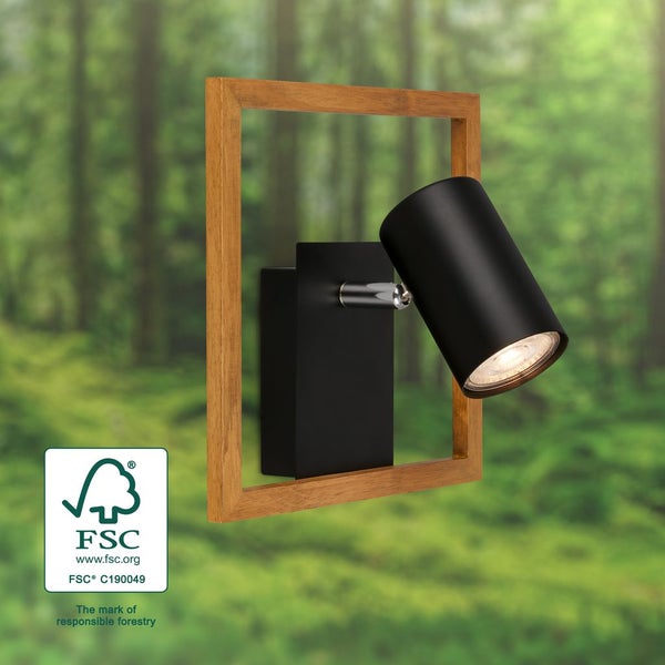 Spotlight, black, with wood, excl. 1xGU10/max. 9W