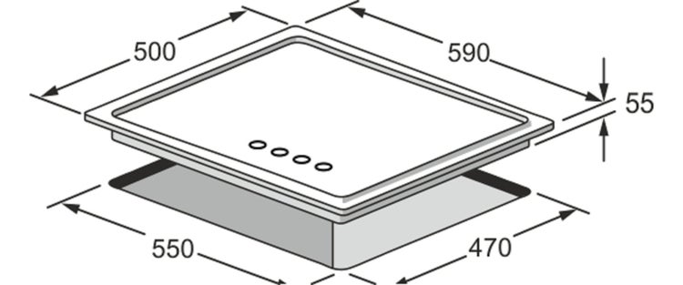 Maßzeichnung eines Einbau-Kochfeldes mit Angaben in Millimetern.