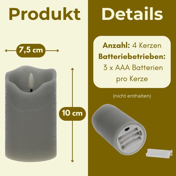 Set mit 4 batteriebetriebenen LED Stumpenkerzen, 7,5 cm Durchmesser, 10 cm Höhe, benötigt jeweils 3 AAA Batterien, nicht im Lieferumfang enthalten.