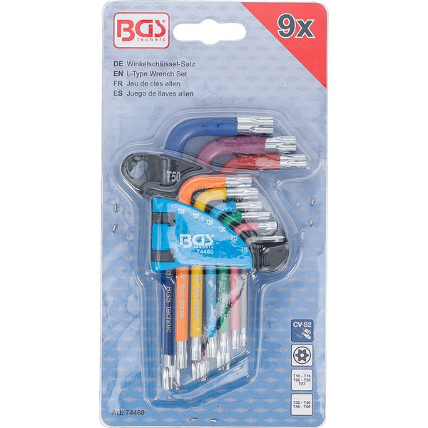 BGS technic Winkelschlüssel-Satz für Torx-Schrauben, 9-teilig, farbig markiert, in Kunststoffhalterung.