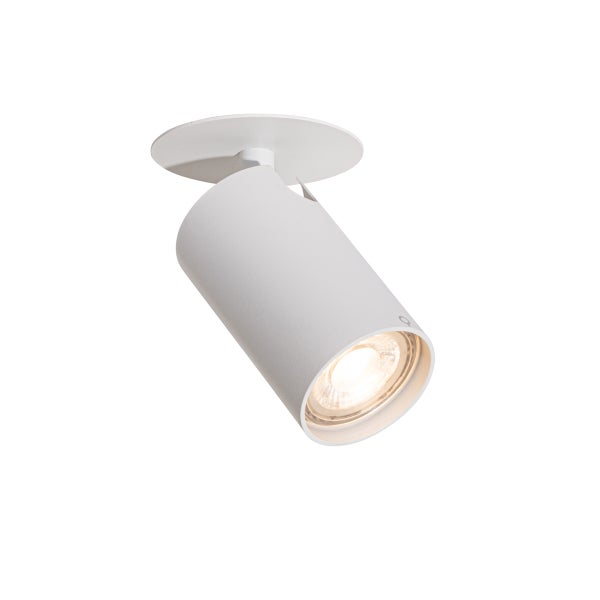 Weißer LED Deckenstrahler, zylindrischer Aufbauspot mit runder Basis, schwenkbar.