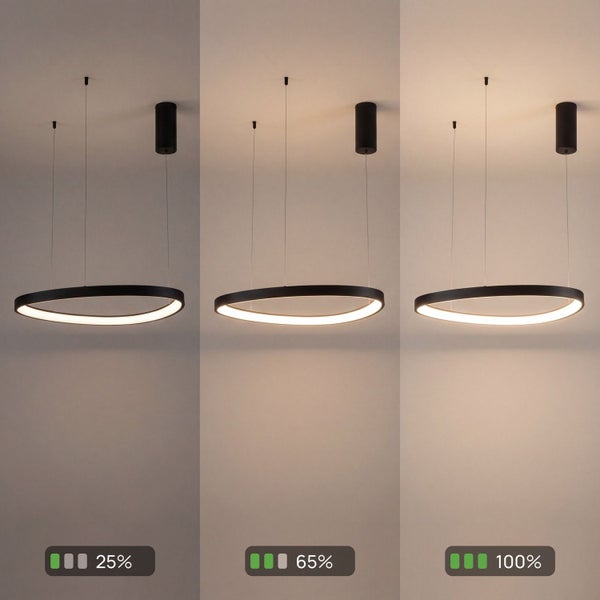 Schwarze LED-Ringpendelleuchte mit dreistufiger Dimmfunktion bei 25 Prozent, 65 Prozent und 100 Prozent Helligkeit.