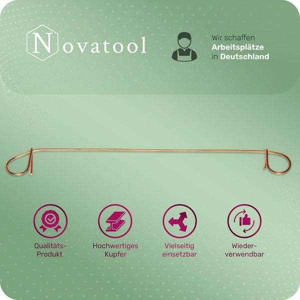 Novatool Logo. Langer Kupferdraht mit Schlaufen an beiden Enden. Qualitätsprodukt aus Kupfer, vielseitig und wiederverwendbar. Hergestellt in Deutschland.