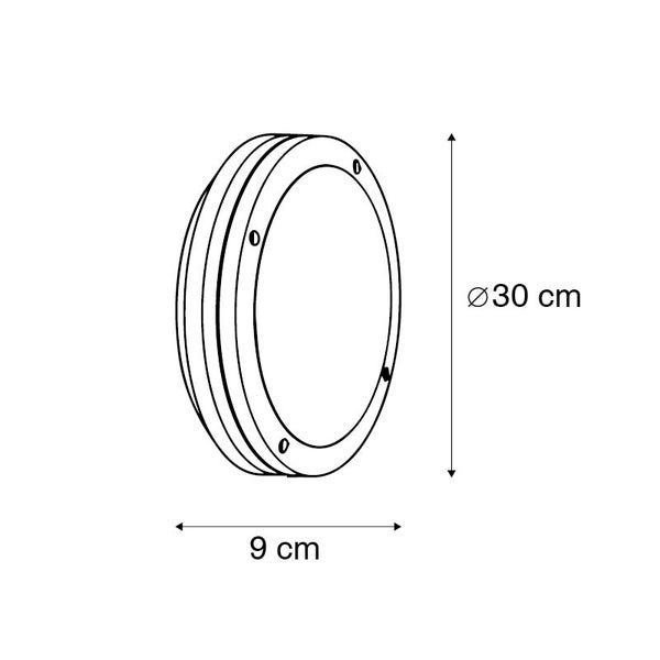 Technische Zeichnung einer runden Außenleuchte mit einem Durchmesser von 30 Zentimetern und einer Tiefe von 9 Zentimetern.