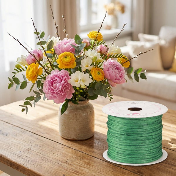 Eine grüne Bastelschnur auf einer Spule, platziert auf einem Holztisch neben einer Vase mit bunten Blumen.