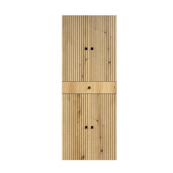 Moderner Badezimmerschrank in Holzoptik mit Lamellenfront, zwei Türen und einer Schublade mit schwarzen quadratischen Griffen.