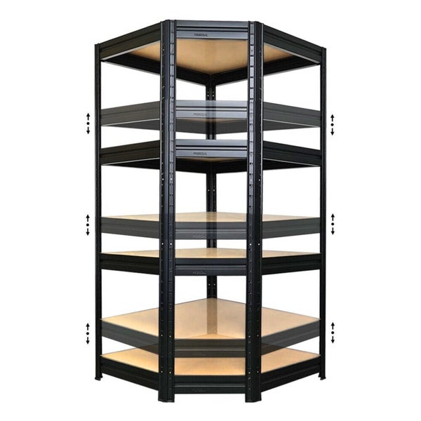 Schwarzes Proregal Eckregal aus Metall mit fünf höhenverstellbaren Fachböden.