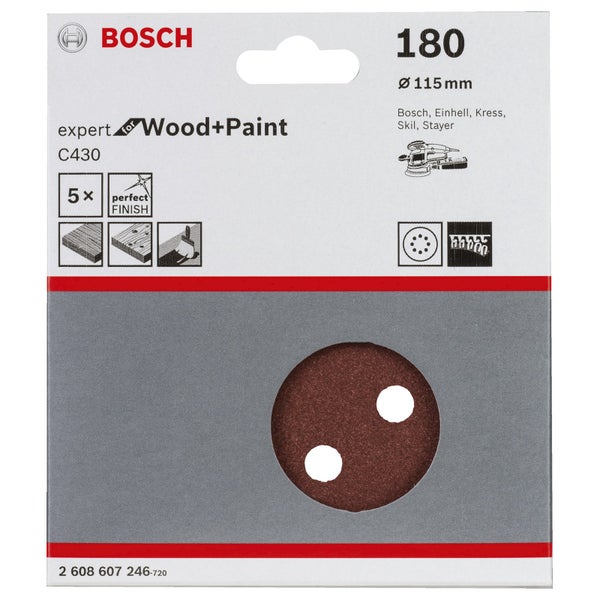 Bosch 5x Schleifblatt C430 Expert for Wood 8 Löcher Klett 115 mm K180 - 2608607246
