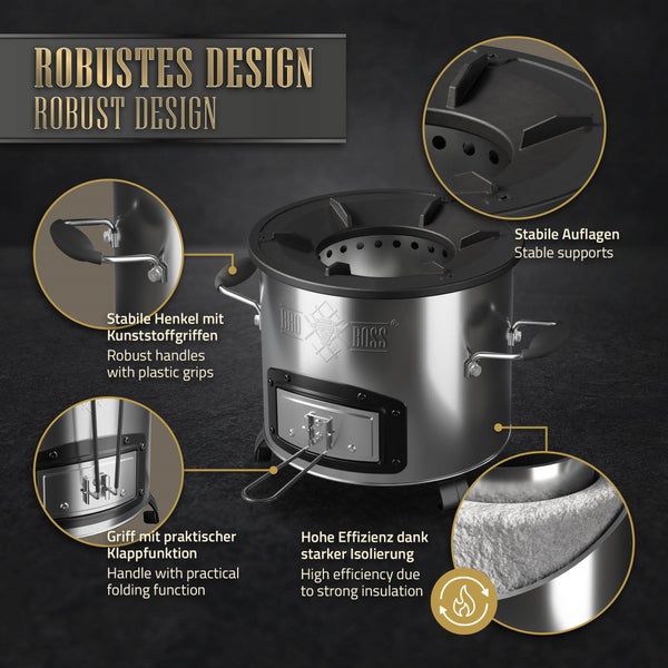 BBQ#BOSS Raketenofen mit 3-tlg. Gusseisen Pfannenset, Silber, Edelstahl Campingofen, Campingkocher Holz, Camping BBQ Holzofen zum Kochen, Outdoor-Küche Raketenherd Campinggrill Rocket Stove Dutch Oven