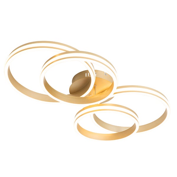 Moderne LED-Deckenleuchte mit vier ineinandergreifenden Ringen aus goldfarbenem Metall.