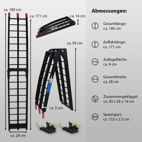 TRUTZHOLM 2 x Auffahrrampe klappbar 180 cm Traglast 680 kg Alu schwarz geriffelte Einzelstäbe Verladerampe