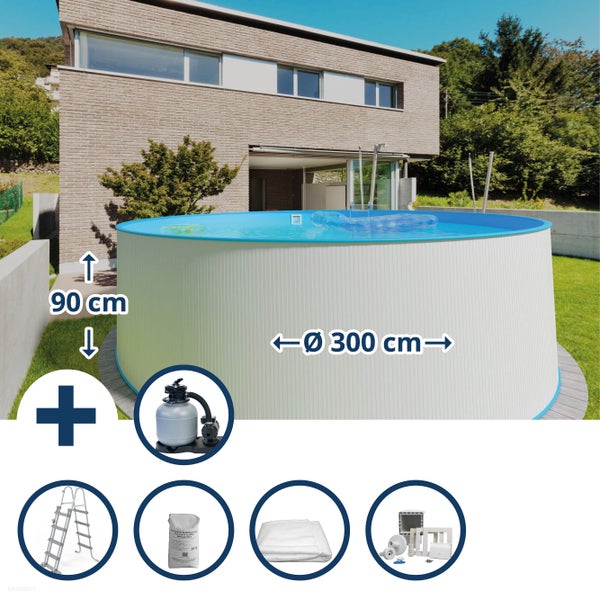 Rundpool mit den Maßen 300 cm Durchmesser und 90 cm Höhe sowie Zubehör
