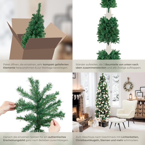 Aufbauanleitung für einen schlanken künstlichen Weihnachtsbaum, der in einem Wohnzimmer mit Kamin und Dekoration steht.