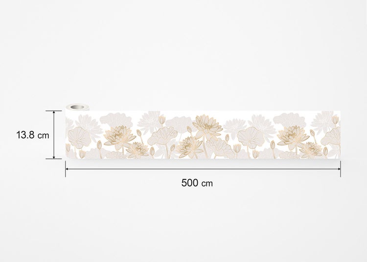 Selbstklebende Tapetenbordüre mit Lotusblüten-Muster, Maße 13,8 Zentimeter mal 500 Zentimeter.