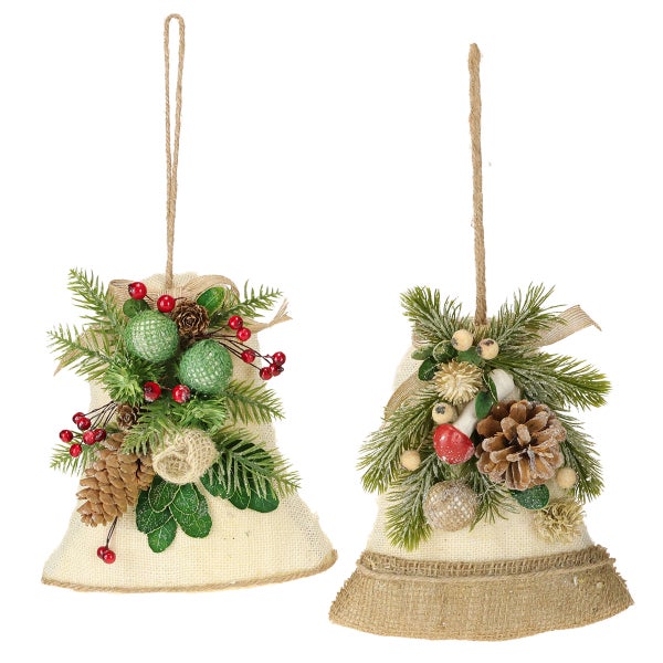 Zwei dekorative Weihnachtsglocken aus Jute mit Tannenzweigen, Zapfen, Kugeln und Beeren als Christbaumschmuck