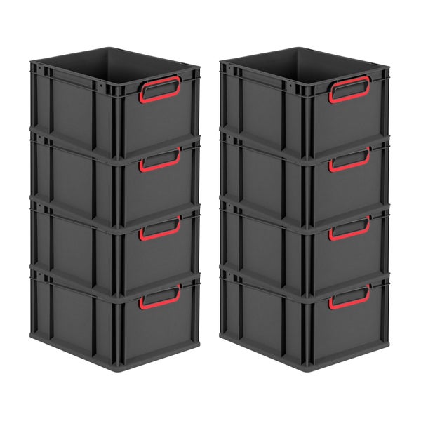 PROREGAL SuperSparSet 8x Eurobox NextGen Color, HxBxT 22x30x40cm, 20 Liter, Griffe rot geschlossen, Schwarz, Eurobehälter, Transportbox, Transportbehälter, Stapelbehälter