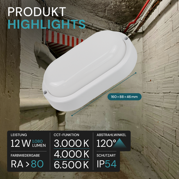 Weiße LED-Feuchtraumleuchte, 12 Watt, 1080 Lumen, Farbwiedergabe größer als 80, Farbtemperatur 3000 bis 6500 Kelvin, Abstrahlwinkel 120 Grad, Schutzart IP54, circa 160 x 88 x 46 Millimeter