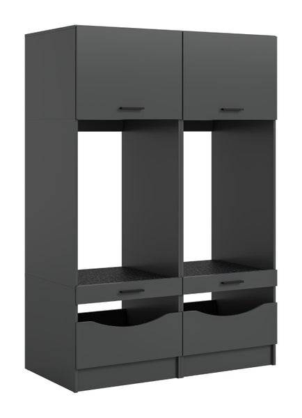 Grauer Küchen-Hochschrank, zwei Spalten, mit Oberschränken, Nischen für Einbaugeräte und mehreren Schubladen.