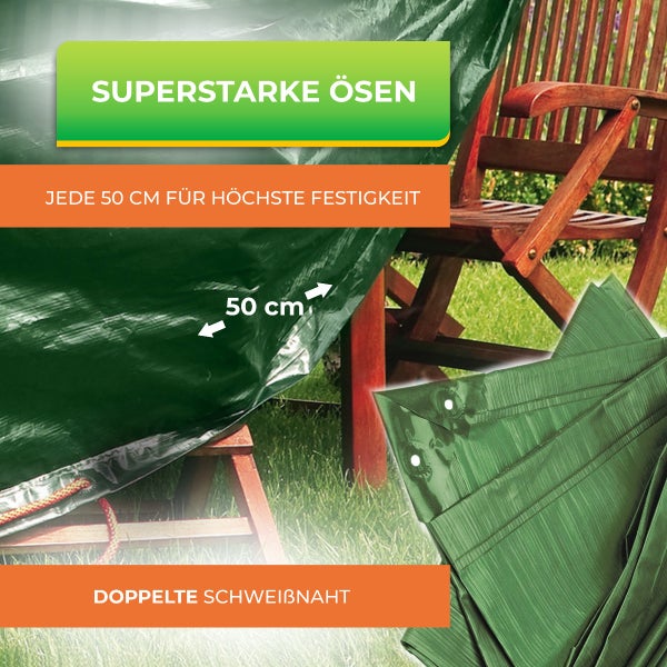 Robuste Gewebeplane mit verstärkten Ösen im Abstand von 50 Zentimetern und doppelter Schweißnaht zum Schutz von Gartenmöbeln.