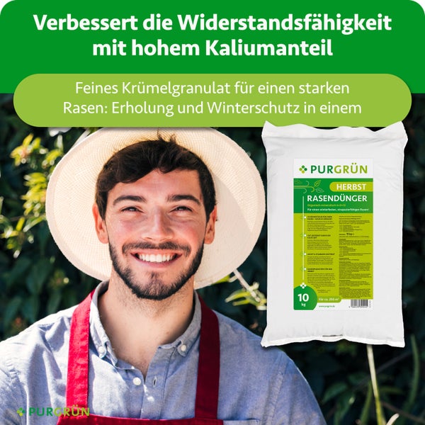 Purgrün Herbstrasendünger im 10 Kilogramm Sack für circa 250 Quadratmeter mit hohem Kaliumanteil für Winterschutz, präsentiert von einem Gärtner.