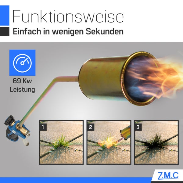 Abflammgerät von Z.M.C mit 90 Zentimeter Länge, 5 Meter Schlauch und zwei Maulschlüsseln in Größe 17 und 19. Z.M.C Logo.