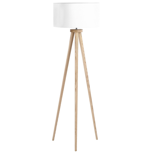 Stehleuchte mit Holzfuß und Stoffschirm
