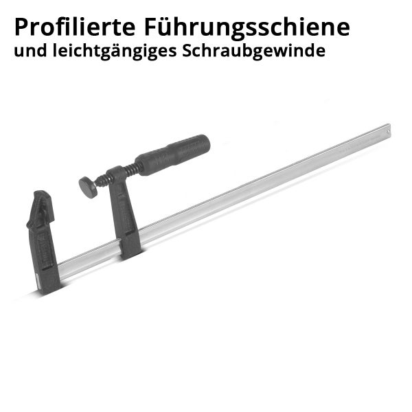 Schraubzwinge mit profilierter Führungsschiene und leichtgängigem Schraubgewinde.