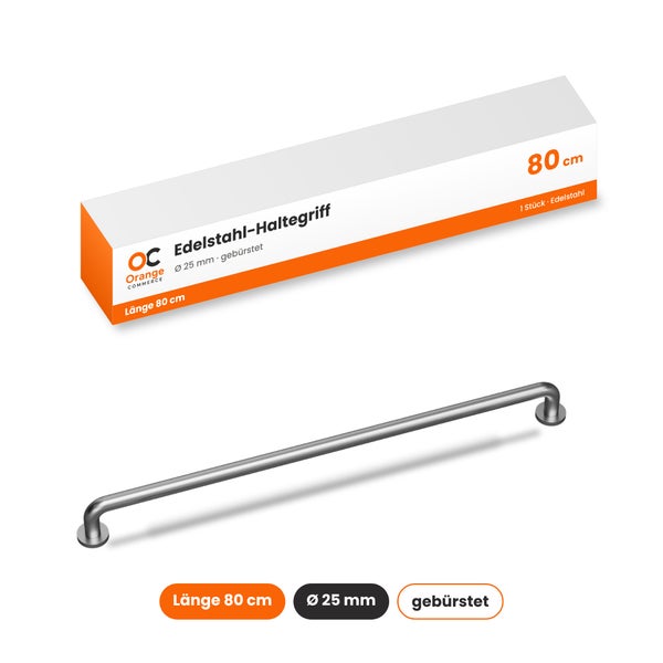 Orange Commerce Edelstahl Haltegriff 80 cm lang und 25 mm Durchmesser, gebürstet für Bad und WC