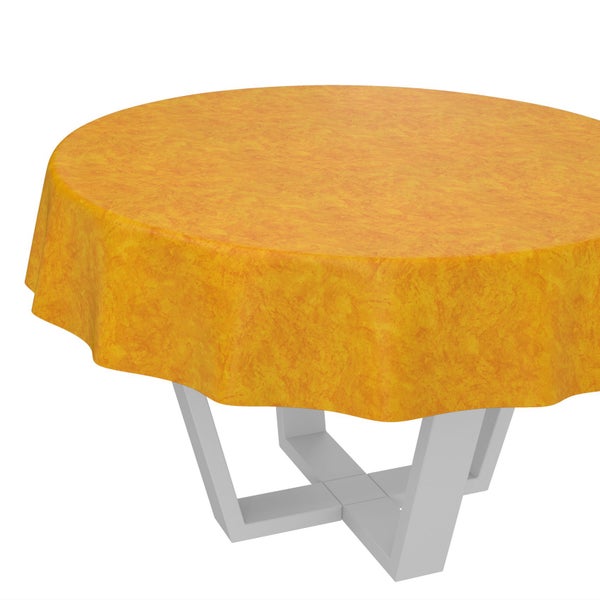 Runder orangefarbener Tischbelag mit marmorierter Struktur, abwischbar.