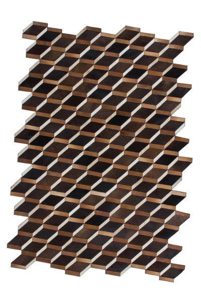 Patchwork-Teppich aus Leder mit dreidimensionalem Würfelmuster in Braun und Schwarz.