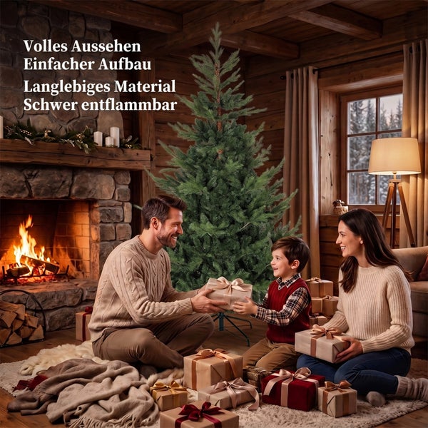 Familie im Wohnzimmer mit einem künstlichen Weihnachtsbaum vor einem Kamin, der für volles Aussehen, einfachen Aufbau und Sicherheit sorgt.