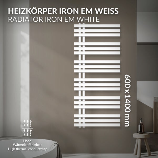 ECD Germany Iron EM Design Badheizkörper - 600 x 1400 mm - Weiß - Designheizkörper Paneelheizkörper Heizkörper Handtuchwärmer Handtuchtrockner Heizung Radiator