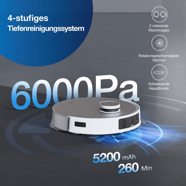 Saugroboter mit einem vierstufigen Tiefenreinigungssystem, 6000 Pa Saugkraft, zwei rotierenden Wischmopps, Rotationsgeschwindigkeit von 180 Umdrehungen pro Minute, schwebender Hauptbürste, 5200 mAh und 260 Minuten Laufzeit.
