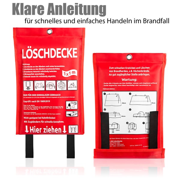 Verpackung einer 1x1 Meter großen Löschdecke mit Anweisungen zur Verwendung und Wartung