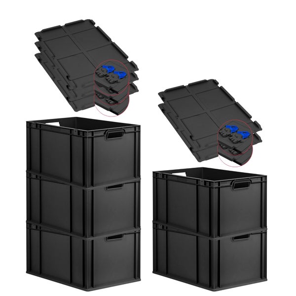 PROREGAL SuperSparSet 5x Eurobox NextGen Grip mit Scharnierdeckel und blauen Schiebeschnappverschlüssen, HxBxT 32x40x60cm, 65 Liter, Schwarz, Griffe offen, Verstärkter Boden, Eurobehälter, Transportbox, Transportbehälter, Stapelbehälter