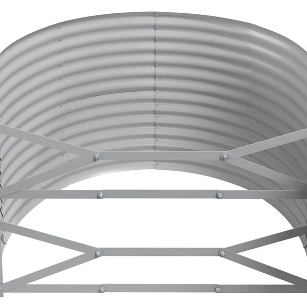Detailansicht eines runden Hochbeets aus verzinktem Wellblech mit internen Stabilisierungsstreben.
