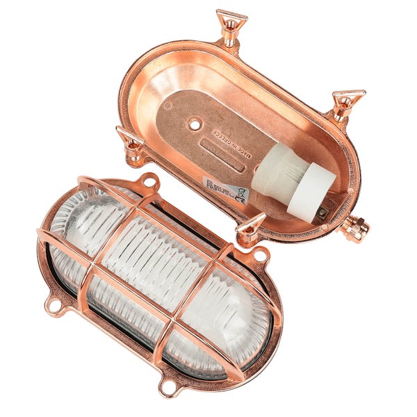 Ovale Wandleuchte aus Metall mit Schutzgitter und geöffnetem Gehäuse