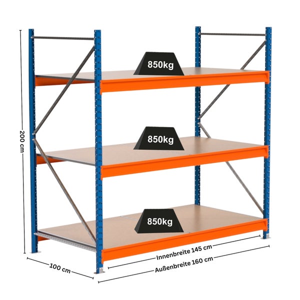 Regal mit drei Ebenen, Abmessungen 200 cm hoch, 100 cm tief und 160 cm breit, Belastbarkeit 850 Kilogramm pro Ebene