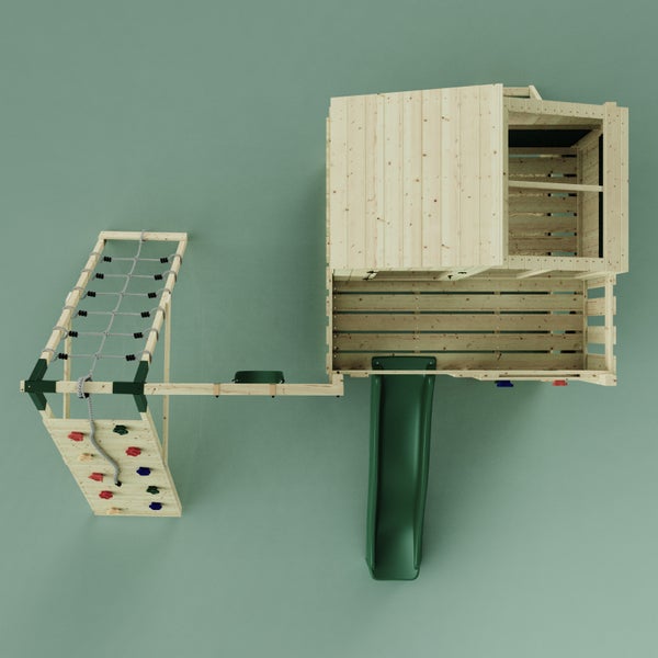 Spielturm mit Rutsche, Kletterwand und Netz