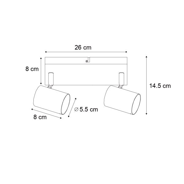 Technische Zeichnung einer Doppelstrahler-Deckenleuchte mit Abmessungen.