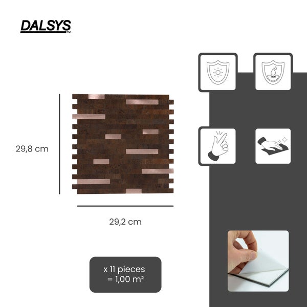 Dalsys Logo. Mosaikfliese in Rost- und Kupferoptik, 29,8 mal 29,2 Zentimeter, 11 Stück für 1,00 Quadratmeter, UV-beständig, wasserfest, selbstklebend.